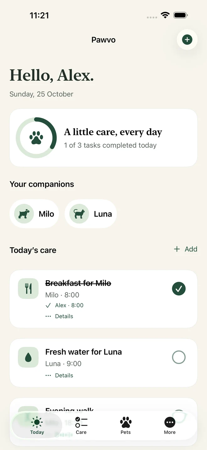 Pawvo Today screen with sample daily care