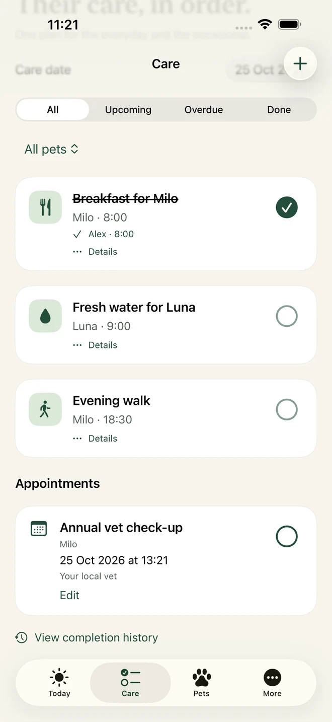 Pawvo appointment card for a sample annual vet check-up