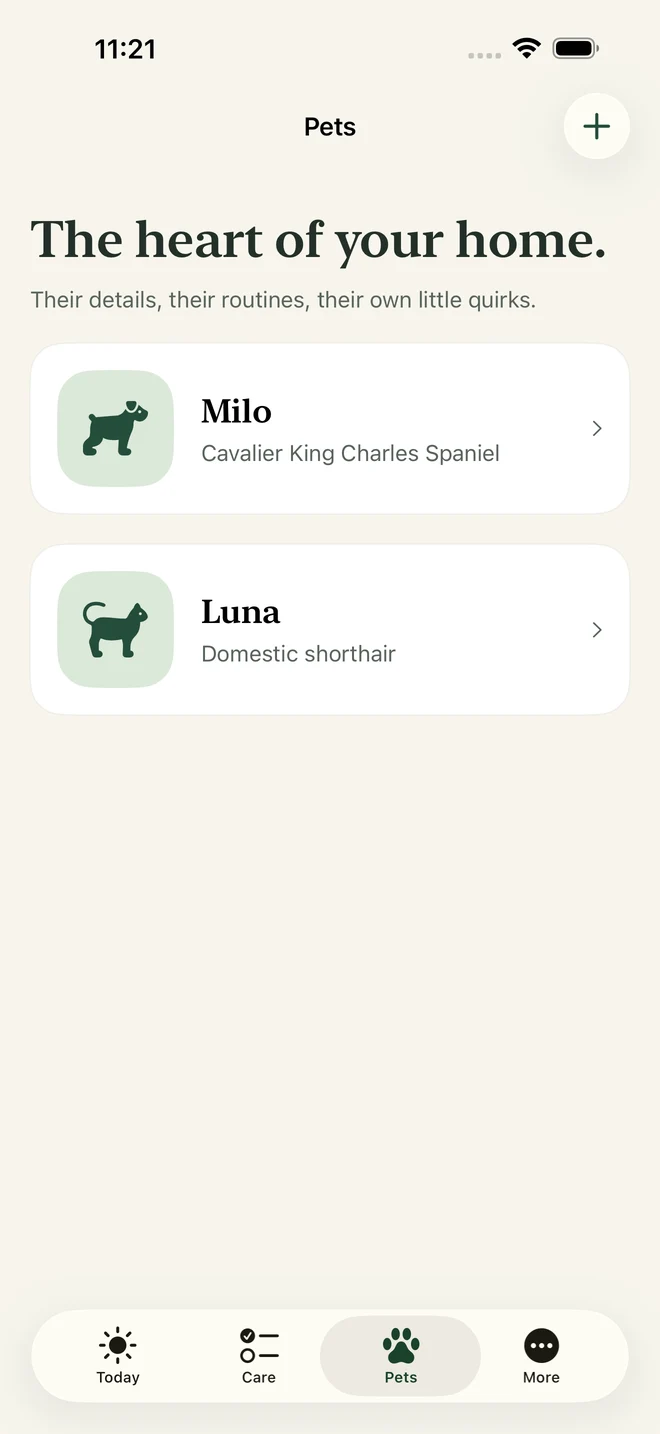 Pet profiles for sample dog Milo and cat Luna