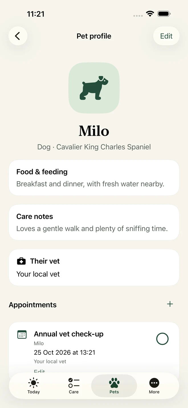 Sample pet profile with feeding and care notes